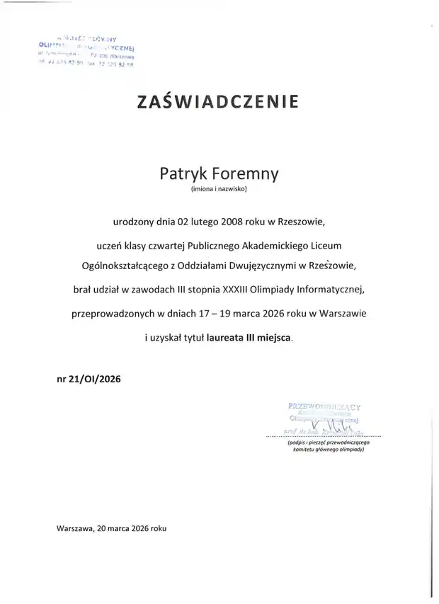 Nasz uczeń laureatem XXXIII Olimpiady Informatycznej! — zdjęcie 2